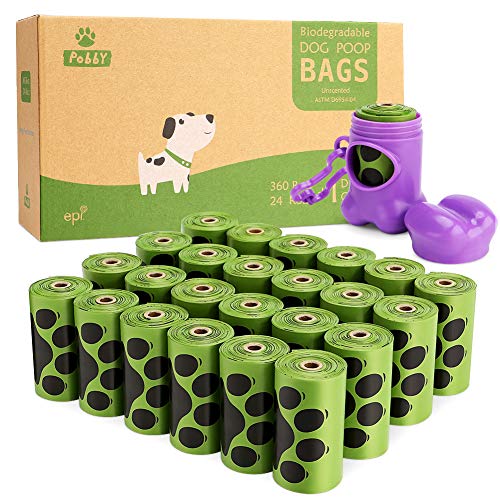 Biodegradable Poop Bags for Dogs, Doggie Poop Bags 360 Count, Dog Poop Bag Holder for Leash, Dog Poop Bag Dispenser for Leash, Unscented 24 Refill Rolls, 9" X 13"Durable Thick Doggy Poop Bags by PobbY