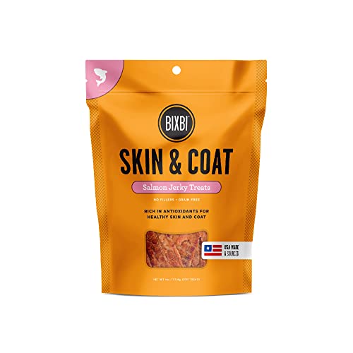 BIXBI Skin & Coat Support Salmon Jerky Dog Treats, 4 oz - USA Made Grain Free Dog Treats - Antioxidant Rich to Support Shiny, Full Bodied Coats - High in Protein, Whole Food Nutrition, No Fillers