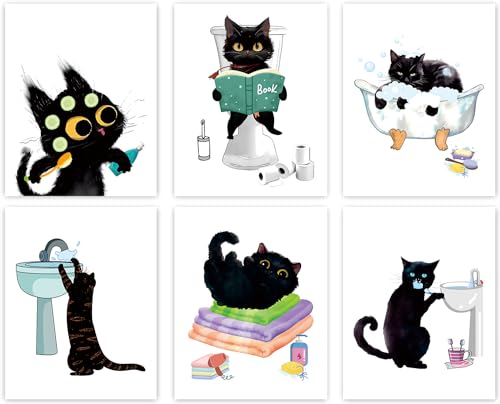 Black Cat Bathroom Art Prints,Funny Pet Cat In Bath and On Toilet Canvas Wall Art,Cute Animal Cats Posters Aesthetic Pictures for Cat Lover Kids Bathroom Washroom Decor Set of 6(8"X10"unframed)