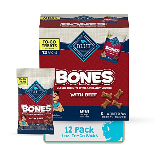 Blue Buffalo Bones Natural Crunchy Dog Treats TO-GO, Mini Dog Biscuits, Beef 1-oz Bags (Pack of 12)