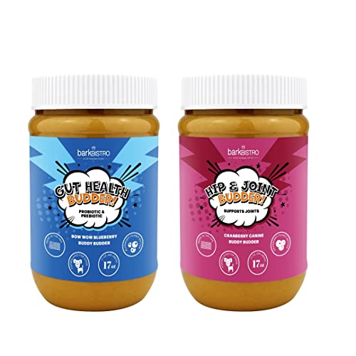 Bow-Wow Blueberry (probiotic + prebiotic) + Cranberry Canine (Hip + Joint) BUDDY BUDDER, 100% Natural Dog Peanut Butter, Healthy Peanut Butter Supplements, Made in USA (17oz Jars)