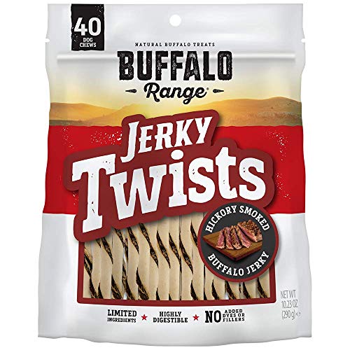 Buffalo Range Rawhide Dog Treats | Healthy, Grass-Fed Buffalo Jerky Raw Hide Chews | Hickory Smoked Flavor | Jerky Twist, 40 Count(Pack of 1)