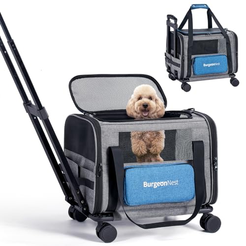 BurgeonNest Cat Carrier with Wheels, Airline Approved Pet Carrier for Cats Dogs 15 lbs with Telescopic Handle, Small Dog Carrier with Wheels Removable, Soft Rolling Cat Carrier with Large Pocket