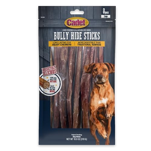 Cadet Bully Hide Sticks for Dogs - All-Natural Bully Stick & Beef Hide Dog Chews - Long Lasting Bully Sticks Alternative Made with 2 Ingredients - Dog Chews for Aggressive Chewers, Large (8 Count)