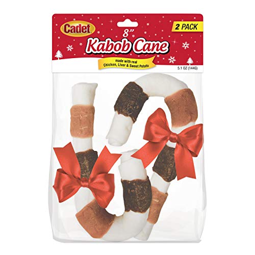 Cadet Triple Flavored Rawhide Dog Shish Kabob Candy Cane Dog Treat Chicken, Liver & Sweet Potato 8"