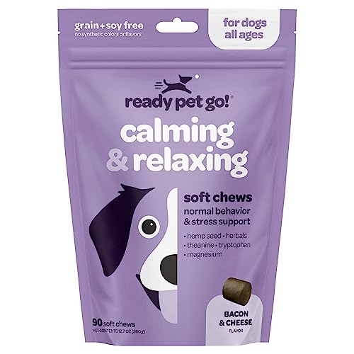 Calming Chews for Dogs with Hemp & Magnesium - Dog Calming Treat for Anxiety Separation Relief - Calming Chew with Chamomile, Valerian, & L-Theanine - 90 Bacon & Cheese Chews for All Breeds