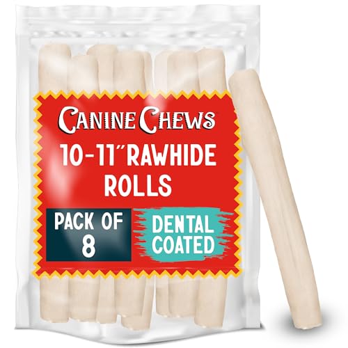 Canine Chews 10-11" Dental Coated Jumbo Rawhide Retriever Rolls (8 Pack) - Breath Freshening & Long Lasting Dental Chews for Dogs Large Size - Teeth Cleaning Dog Treats for Aggressive Chewers