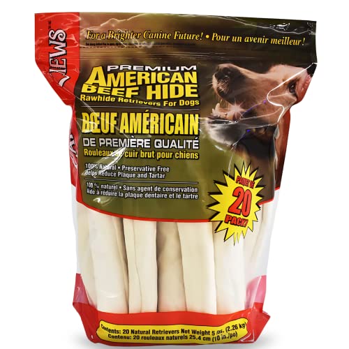 Canine Chews 10-11" Dog Rawhide Retriever Rolls - Dog Rawhide Chews (20 Pack) - 100% USA-Sourced Natural Beef Raw Hide Dog Bones for Large Dogs - Healthy Single-Ingredient Rawhide Bones Treat