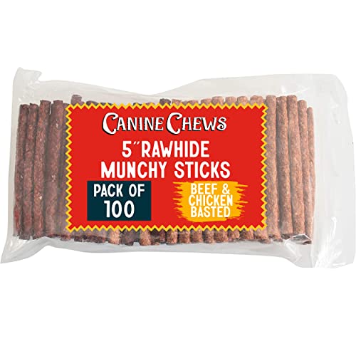 Canine Chews 5" Munchy Rawhide Sticks for Small Dogs Munchy Dog Treat Sticks 100 Pack (Beef & Chicken)