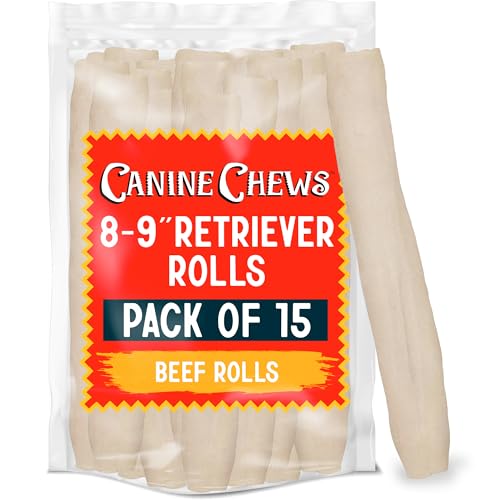 Canine Chews 8-9" Rawhide Retriever Rolls (15 pk) - Rawhide Bones for Large Dogs - 100% USA-Sourced Natural Beef Rawhide Bones - Single Ingredient Dog Rawhide Chews - Dental Health Dog Rawhide Bones