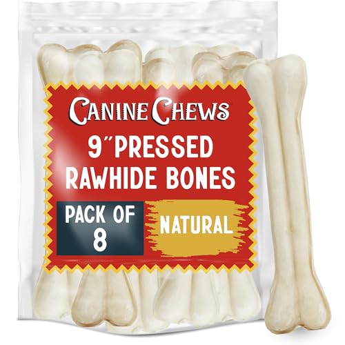 Canine Chews Dog Bone Extra Thick Super Hard Pressed Beef Rawhide Chew Toy Long Lasting for Aggressive Chewers 8 Pack (9" Bones)