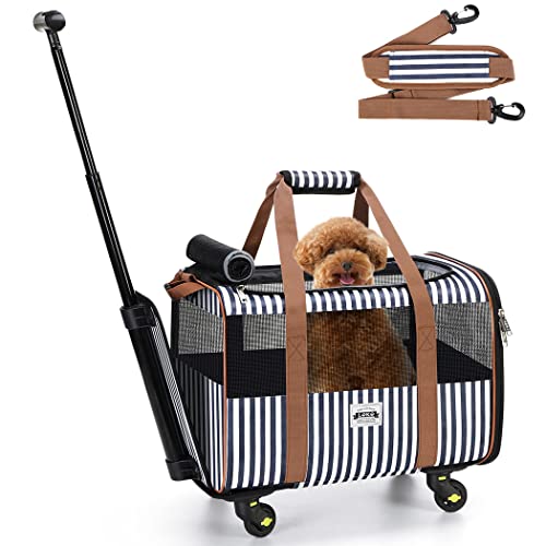 Cat Carier with Wheels, Lekesky Dog Carrier Airline Approved Rolling Pet Carrier with Telescopic Handle and Shoulder Strap, Striped