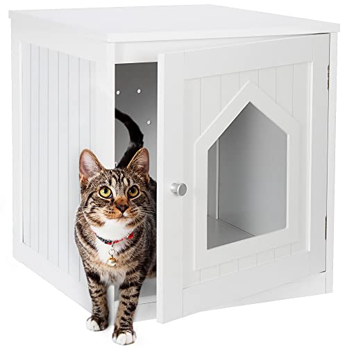 Cat Litter Box Enclosure Hidden Kitty Litter Box Furniture Indoor Cat Box Cabinet Cat House & Side Table Nightstand Cat Washroom (White)