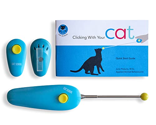 CAT SCHOOL Clicker Training Kit - 1 Cat Training Clicker, 1 Target Stick, 1 Step-by-Step Instruction Booklet - Clicker Tools for Cat Training, Fist Bump Training, Positive Behavior