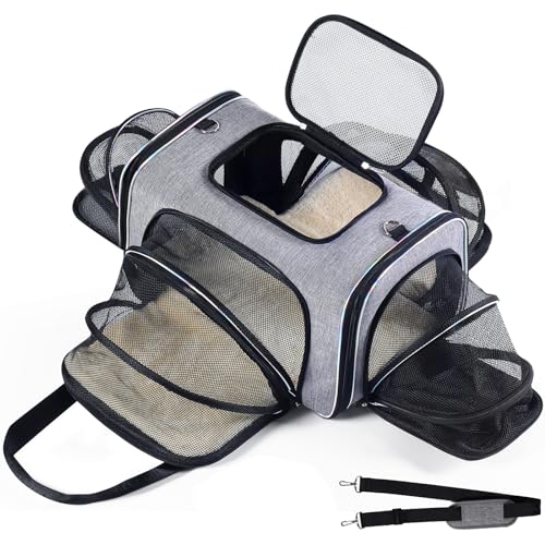 Cat Travel Bag 4 Sides Expandable Pet Carrier Airline, Soft Sided Pet Carrier Airline Approved，Folding Soft Sided Transport Tote Bag for Kittens,Dog & Small Animals、Removable Fleece Pad