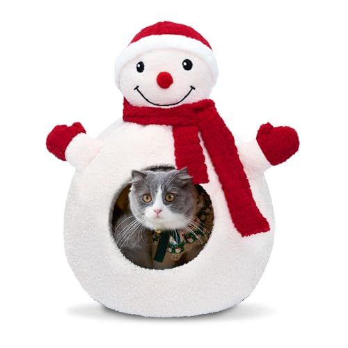 CATISM Christmas Cat Bed for Indoor Cats, Cute Snowman Cat House with Warm Cushions, Funny Teddy Fleece Cat Bed Cave for Small Middle Cats and Dogs, White (16 * 16 * 22 Inches)