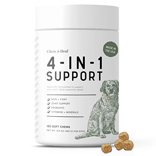 Chew + Heal All in 1 Dog Vitamin - 120 Soft Chew Treats - Chewable Multivitamin with Probiotics, Digestive Enzymes, for Skin and Coat, Hip and Joint Support - with Omega, Calcium - Made in The USA