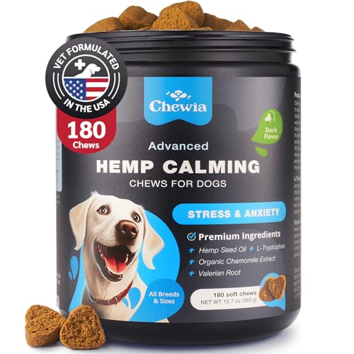 CHEWIA Hemp Calming Chews for Dogs Anxiety - 180 Duck Flavor Treats for Dog Calming with Valerian Root, Chamomile Extract & L-Theanine - Dog Chews for Vet Visits, Travel, Thunderstorms, Nail Trimming