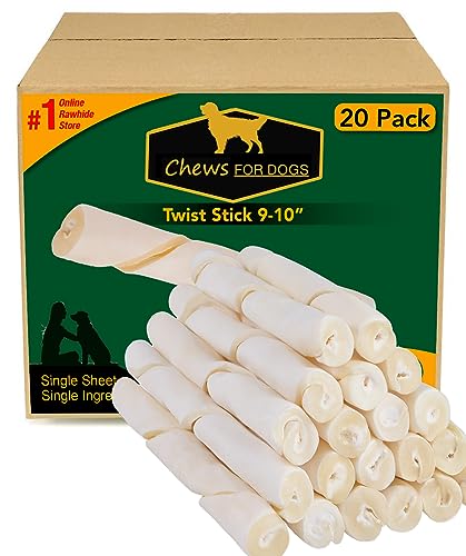 Chews for Dogs Premium Rawhide Twist Sticks 9-10 Inches Dog Treat. Extra Thick, Single Sheet. (20 Pack)