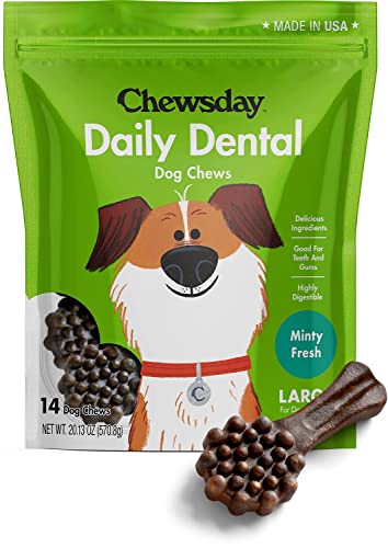 Chewsday Large Minty Fresh Daily Dental Dog Chews, Made in The USA, Natural Highly-Digestible Oral Health Treats for Healthy Gums and Teeth - 14 Count