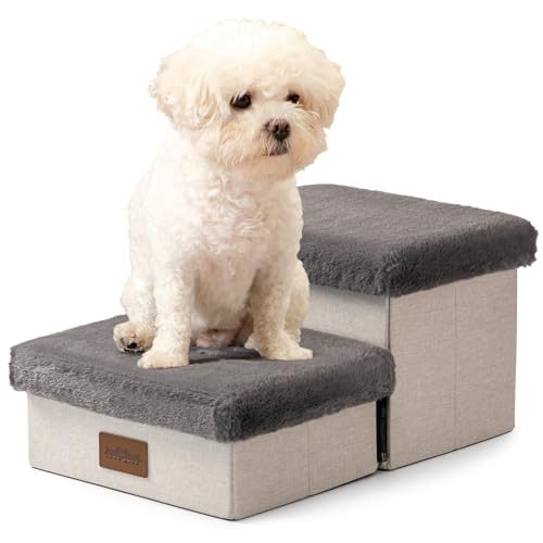 COZY KISS Dog Stairs for Small Dogs, Pet Stairs with Storage and Adjustable Steps for High Beds and Couch, Pet Ramp for Small Dogs and Cats, 2-Step Grey