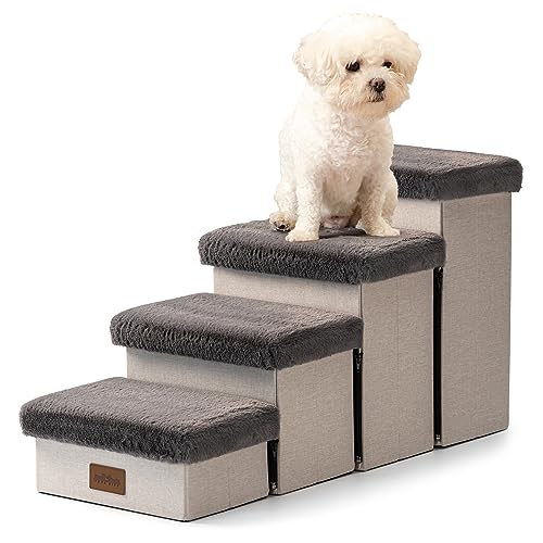 COZY KISS Dog Stairs for Small Dogs, Pet Stairs with Storage and Adjustable Steps for High Beds and Couch, Pet Ramp for Small Dogs and Cats, 4-Step Grey