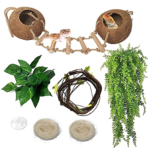 Crested Gecko Tank Accessories, Gecko Coco Den Reptile Hideouts, Raw Coconut Husk Hut for Leopard Gecko, Sturdy Hanging Home, Climbing Porch, Hiding, Sleeping & Breeding Pad
