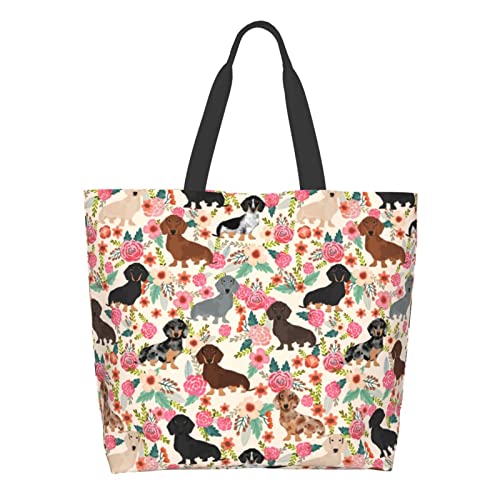 CUAMZST Floral Dachshunds Large Tote Bag For Women Reusable Grocery Bag Waterproof Shopping Handbag With Inner Pocket For Travel Work Beach Gym