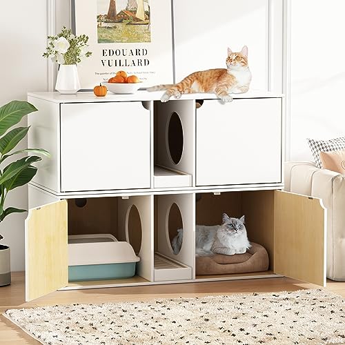 DAWNSPACES Cat Litter Box Enclosure for 2 Cats, Modern Wood Stackable Large Cat Washroom Storage Cabinet Bench End Table Furniture,Burlywood
