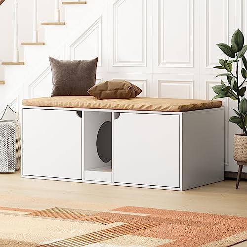DAWNSPACES Cat Litter Box Enclosure for 2 Cats, Modern Wood Stackable Large Cat Washroom Storage Cabinet Bench End Table Furniture,with Removable Litter Box, White