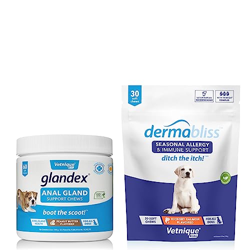 Dermabliss Allergy Chews 30ct and Glandex Anal Gland Support Chews 60ct Bundle Dog Vitamins & Supplements, Anal Gland Dog Treats with Probiotics, Dog Allergies Skin Treatment Soft Chew