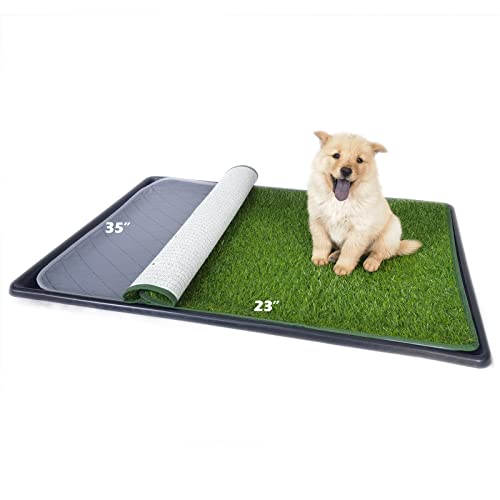 Dewonch Dog Artificial Grass Pad with Tray for Puppy Potty Training, Fake Turf Patch & Washable Pee Pad Pet Loo for Small and Medium Dogs, Indoor or Outdoor Use (Potty System 35.4” x 23.6”)