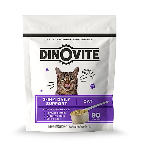 Dinovite for Cats Supplement - Immune + Digestive, Skin + Coat Support, Vitamins, Minerals, Omega 3, Enzymes, Probiotics. Reduces Shedding, Dry Skin, Itching, Stinking, Bald Spots, Seasonal Issues