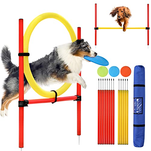 Dog Agility Equipment Set 28 Piece Training Starter Kit Dog Obstacle Course for Training Pet Outdoor Games for Backyard Includes Flying Disc, Jumping Ring, High Jumps, Slalom Poles with Carrying Bag