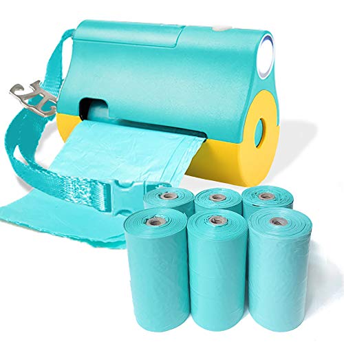 Dog Bags for Poop and A Dispenser with Built-in Flashlight, Hand Free Pet Waste Pick-up Bag Holder with 6 Rolls of Leak-Proof Waste Bags, Multi-function Trash Bags and Distributor for Indoor and Outdoor, Blue Yellow