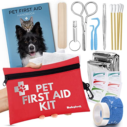 Dog First Aid Kit for Travel | Pet First Aid Supplies for Dog & Cat | Compact Set with Pet First Aid Kit Book, Tick Remover, Emergency Thermal Blanket & More for Hiking, Camping, Backpacking, Hunting