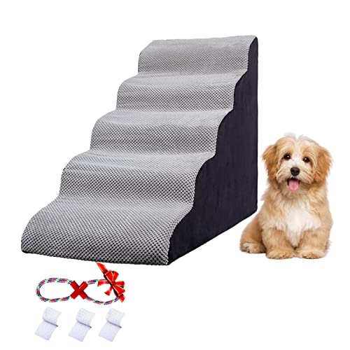 Dog Stairs for High Beds for Small Dogs, 5 Tiers Foam Pet Stairs & Steps for Cats, Injured |Older Dogs-Portable Dog Steps with Handle, Non-Slip Bottom Dog Ramps, Grey, 24.4" High, Hold up to 60LBS