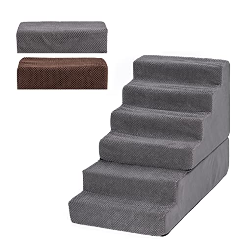 Dog Stairs for Small Dogs, 6 Tiers Pet Steps with Middle-Density Foam and Removable Cover to Get on High Beds Couch, Non-Slip Doggy Steps for Cat, 16×30×20inches,Grey