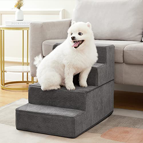 Dog Stairs & Steps for Small Dogs Cats, Pawque Pet Steps for High Bed Couch, Shock Absorbing Foam with High-Strength Boards for Pet Safe, Non-Slip Removable Washable Cover, 4-Step (18'' High)