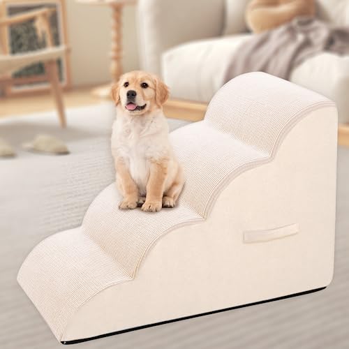 Dog Steps for Small Dog, Dog Stairs for High Beds and Couch, 20" High 4-Step High Density Foam Pet Stairs for Dogs Injured, Older Dogs Cats, Pet with Joint Pain (Beige)