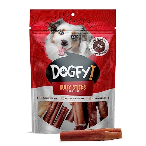 Dogfy Pet Odor-Free Bully Sticks for Dogs (4-8-Inch, 8 Ounces), 100% Natural Beef Pizzle Long-Lasting Chews, Grass-Fed, Fully Digestible Long Lasting Best Dental Treats for Small & Medium Dogs