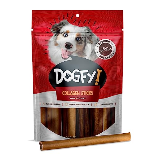 Dogfy Pet Odor-Free Collagen Dog Chews (6”, 10 Pack), Best Long Lasting Bully Sticks & Rawhide Alternative Dog Treats, Grain-Free, Great Dental Dog Treats – Medium & Large Dogs