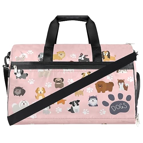 Dogs Travel Duffel Bag, Cute Animals Dog & Paw Pink Sports Tote Gym Bag with Wet Pocket & Shoes Compartment Foldable Weekender Bag Workout Bag Carry on Luggage Handle Bag Overnight Bag for Women Men