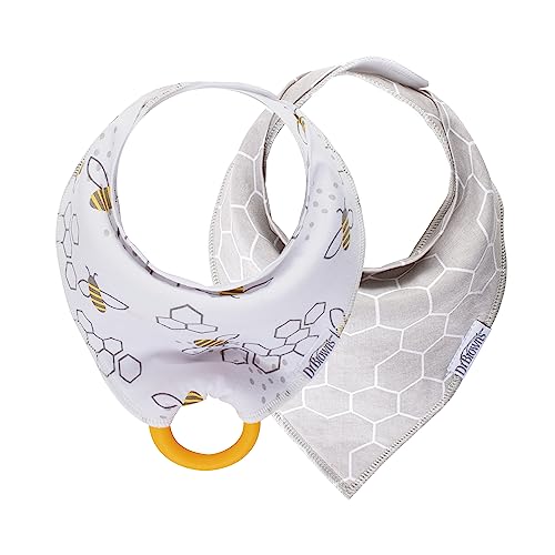 Dr. Brown’s Bandana Bib with Snap-On Removable Teether, Cotton Baby Bib with Soft Fleece Lining for Teething & Drooling, 3m+, 2-Pack, Bees & Gray Honeycomb