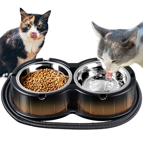 Dreyoo Heated Water Bowl for Outdoor Cats Stainless Steel Heated Cat Bowls Large Cat Food Warmer, Double Heated Pet Bowl for Feral Cat Feeding Station Provide Non Freezing Food and Water in Winter