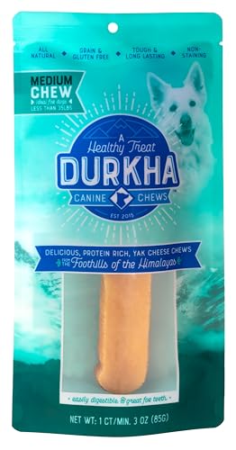 Durkha Yak Cheese Chews: Himalayan Yak Cheese Dog Chews- Natural, Healthy & Long Lasting Dog Treats - Grain, Gluten & Lactose-Free Rawhide Alternatives, for Dogs 35 lbs and Smaller, Single Medium