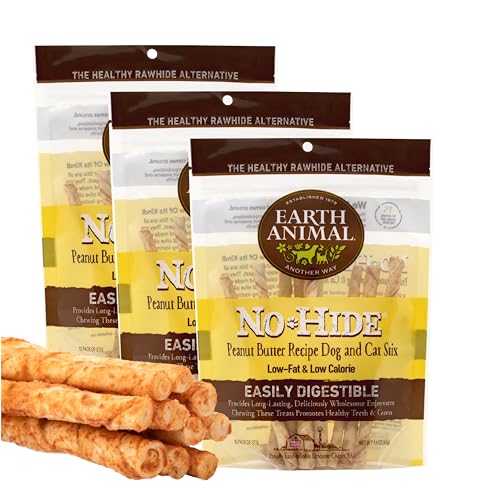 EARTH ANIMAL No Hide Stix Peanut Butter Flavored Natural Rawhide Free Dog Chews Long Lasting Dog Chew Sticks | Dog Treats for Small Dogs and Cats | Great Dog Chews for Aggressive Chewers (3 Pack)