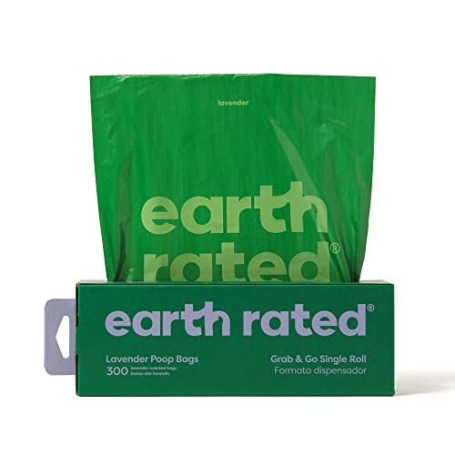 Earth Rated Dog Poop Bags, New Look, Thick Grab and Go Single Roll, Ideal for Backyard Pickups, Lavender Scented, 300 Bags