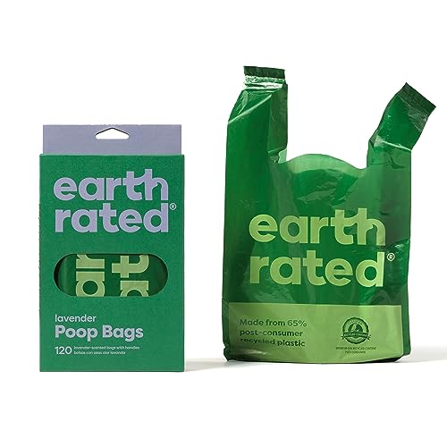 Earth Rated Dog Poop Bags with Handles, New Look, Easy Tie and Guaranteed Leakproof, Lavender Scented, 120 Handle Bags