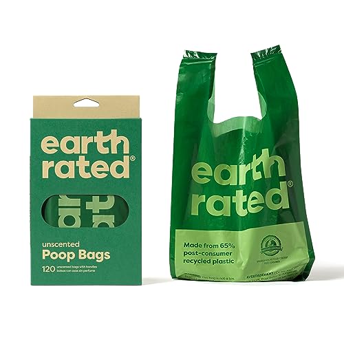 Earth Rated Dog Poop Bags with Handles, New Look, Easy Tie and Guaranteed Leakproof, Unscented, 120 Handle Bags